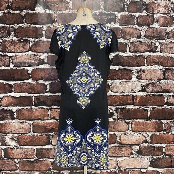 INC International Concepts Midi Dress Short Sleeve Paisley Black Blue Size Large - Picture 7 of 16